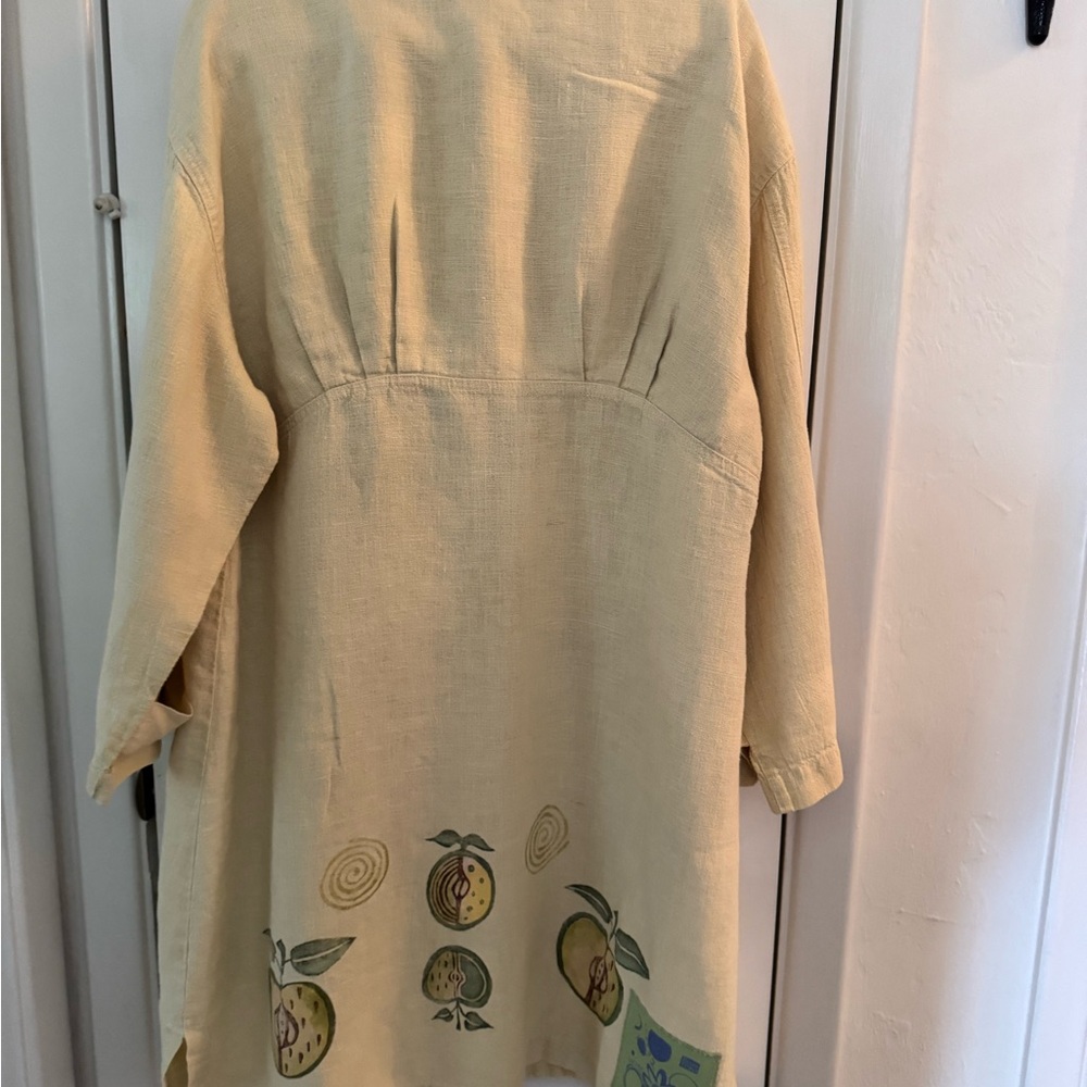 Blue Fish Hemp Linen Duster Jacket Dress Button Down Hand Paint Apples 1999 - Picture 6 of 16